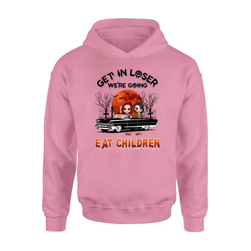 Personalized Horror Besties Shirt/Hoodie - Halloween Gift Idea For Friends/Sisters - Up to 4 Girls - Get In Loser We’re Going Eat Children