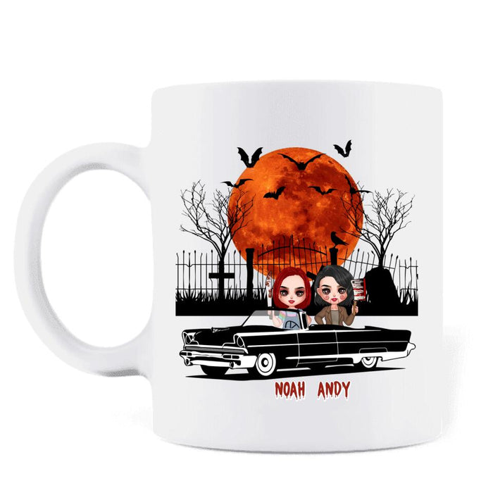 Custom Personalized Horror Besties Coffee Mug - Halloween Gift Idea For Friends/ Sisters - Upto 4 Girls - Get In Loser We’re Going Eat Children