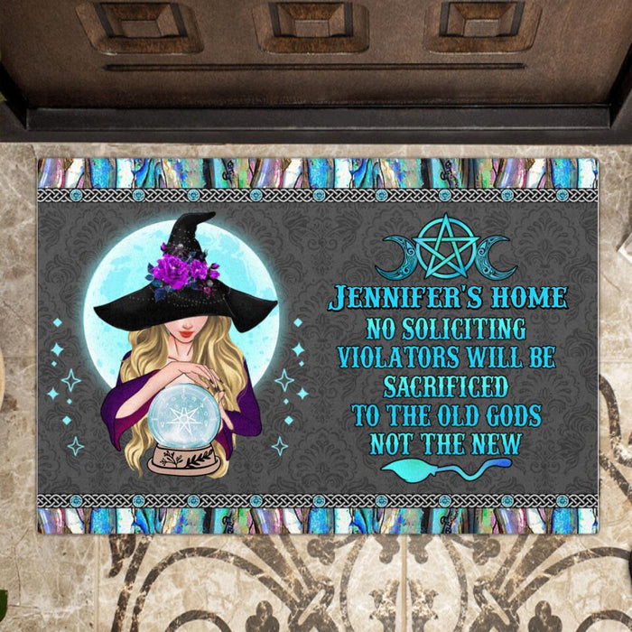 Custom Personalized Witch Doormat - Best Gift Idea For Halloween - No Soliciting Violations Will Be Sacrificed To The Old Gods Not The New