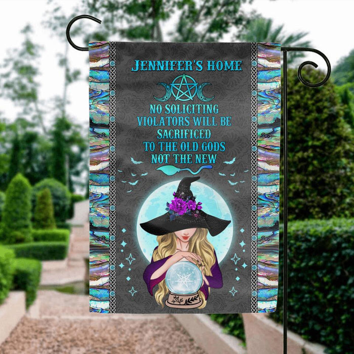 Custom Personalized Witch Flag Sign - Best Gift Idea For Halloween - No Soliciting Violations Will Be Sacrificed To The Old Gods Not The New