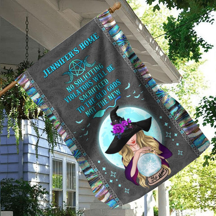 Custom Personalized Witch Flag Sign - Best Gift Idea For Halloween - No Soliciting Violations Will Be Sacrificed To The Old Gods Not The New