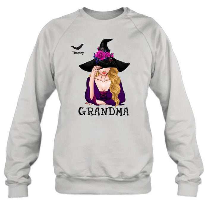 Custom Personalized Witch Shirt/ Hoodie - Gift Idea For Halloween To Grandma From Kid up to 10 Kids