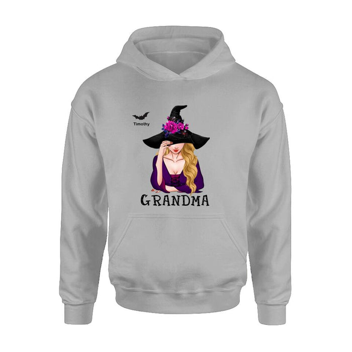 Custom Personalized Witch Shirt/ Hoodie - Gift Idea For Halloween To Grandma From Kid up to 10 Kids