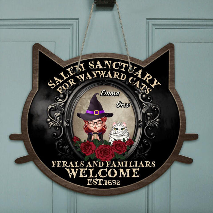 Custom Personalized Halloween Cat Mom/Dad Door Sign - Upto 6 Cats - Halloween Gift For Cat Lovers/Wiccan Decor/Pagan Decor - Salem Sanctuary For Wayward Cats