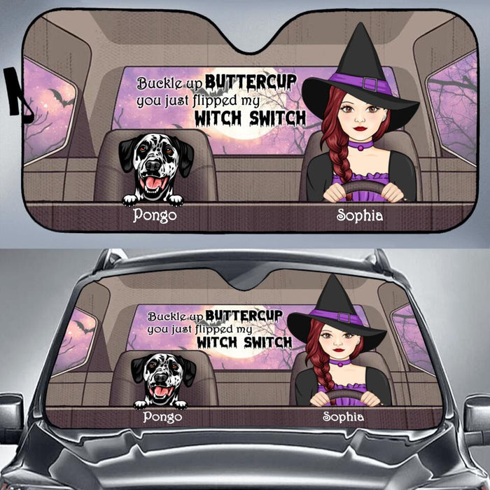 Custom Personalized Dog Witch Car Sunshade - Up to 5 Dogs - Halloween Gift Idea For Dog Lovers - Buckle Up Buttercup You Just Flipped My Witch Switch