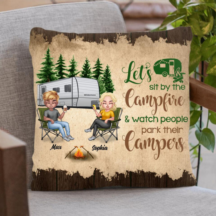 Personalized Retired 2021/2022 Camping Pillow Cover - Man/ Woman/ Couple - Retired Gift Idea For Camping Lover - Let's Sit By The Campfire And Watch People Park Their Campers