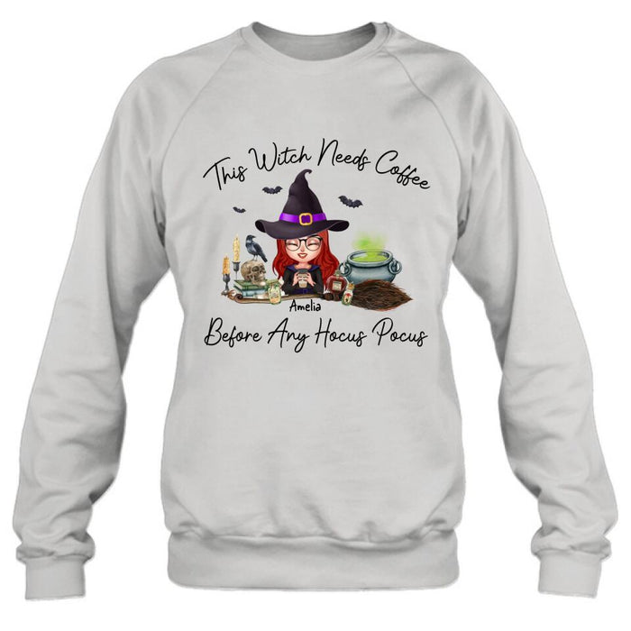 Custom Personalized Witch T-shirt/ Long Sleeve/ Sweatshirt/ Hoodie - Halloween Gift Idea - This Witch Needs Coffee Before Any Hocus Pocus