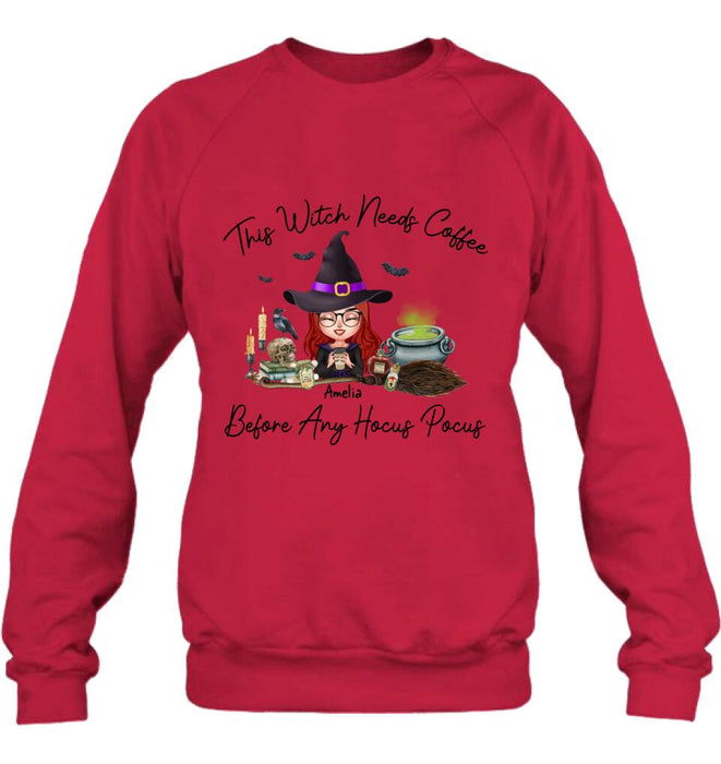 Custom Personalized Witch T-shirt/ Long Sleeve/ Sweatshirt/ Hoodie - Halloween Gift Idea - This Witch Needs Coffee Before Any Hocus Pocus