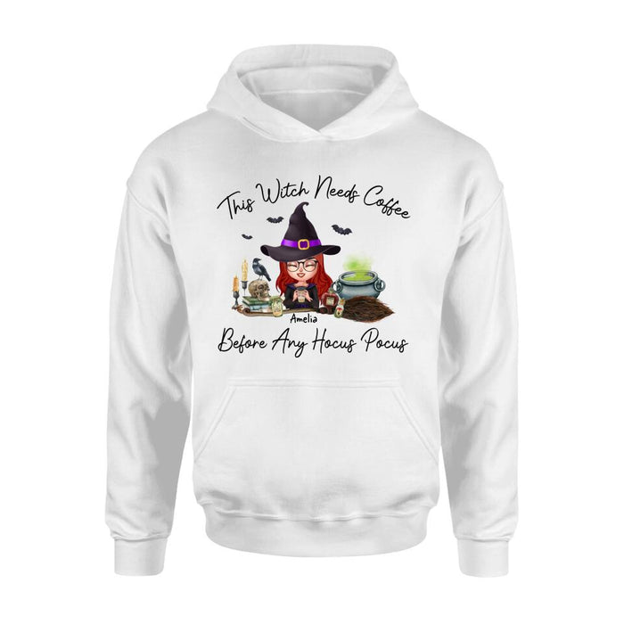 Custom Personalized Witch T-shirt/ Long Sleeve/ Sweatshirt/ Hoodie - Halloween Gift Idea - This Witch Needs Coffee Before Any Hocus Pocus