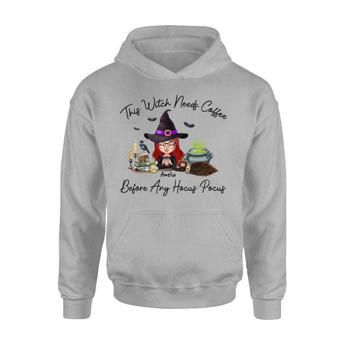 Custom Personalized Witch T-shirt/ Long Sleeve/ Sweatshirt/ Hoodie - Halloween Gift Idea - This Witch Needs Coffee Before Any Hocus Pocus