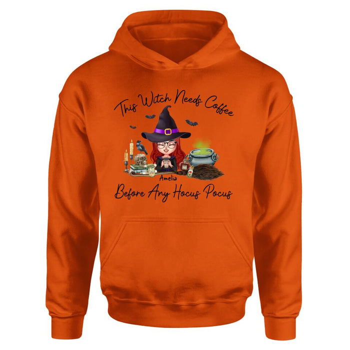 Custom Personalized Witch T-shirt/ Long Sleeve/ Sweatshirt/ Hoodie - Halloween Gift Idea - This Witch Needs Coffee Before Any Hocus Pocus