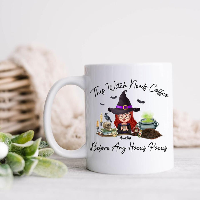 Custom Personalized Witch Coffee Mug - Halloween Gift Idea - This Witch Needs Coffee Before Any Hocus Pocus