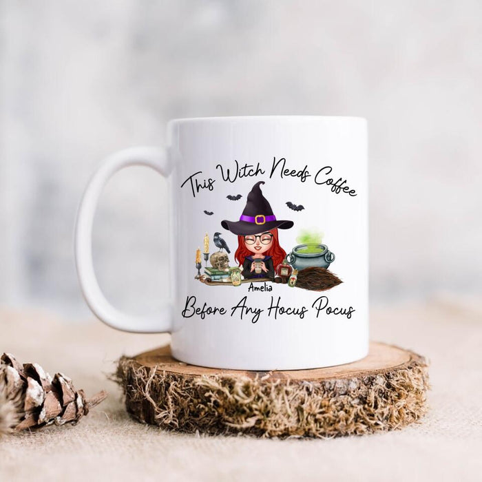 Custom Personalized Witch Coffee Mug - Halloween Gift Idea - This Witch Needs Coffee Before Any Hocus Pocus