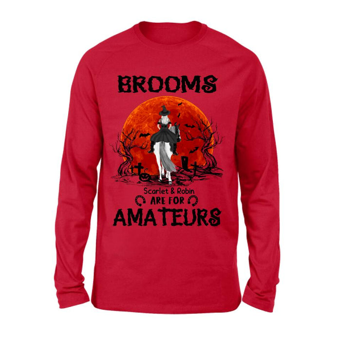 Custom Personalized Witch Riding Horse Shirt/ Hoodie -  Halloween Gift For Horse Lovers/ Friends/ Besties - Upto 4 Girls - Brooms Are For Amateurs