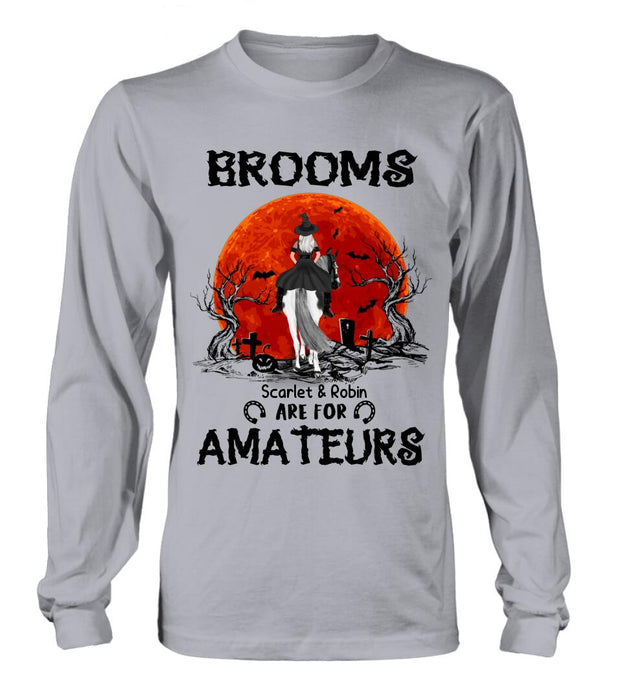 Custom Personalized Witch Riding Horse Shirt/ Hoodie -  Halloween Gift For Horse Lovers/ Friends/ Besties - Upto 4 Girls - Brooms Are For Amateurs