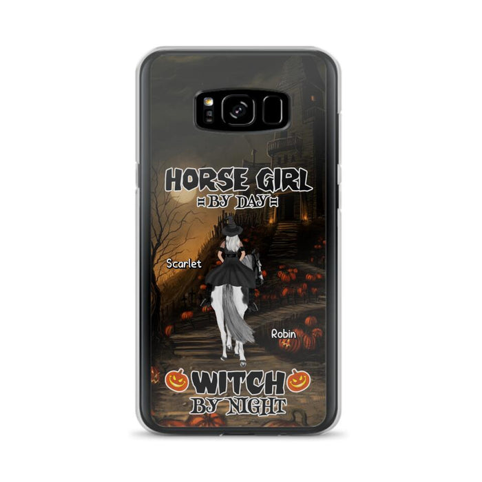 Custom Personalized Witch Riding Horse Phone Case - Halloween Gift For Horse Lovers/ Friends/ Besties - Upto 4 Girls - Horse Girl By Day Witch By Night - Case For iPhone And Samsung