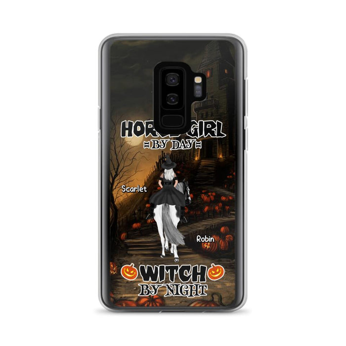 Custom Personalized Witch Riding Horse Phone Case - Halloween Gift For Horse Lovers/ Friends/ Besties - Upto 4 Girls - Horse Girl By Day Witch By Night - Case For iPhone And Samsung