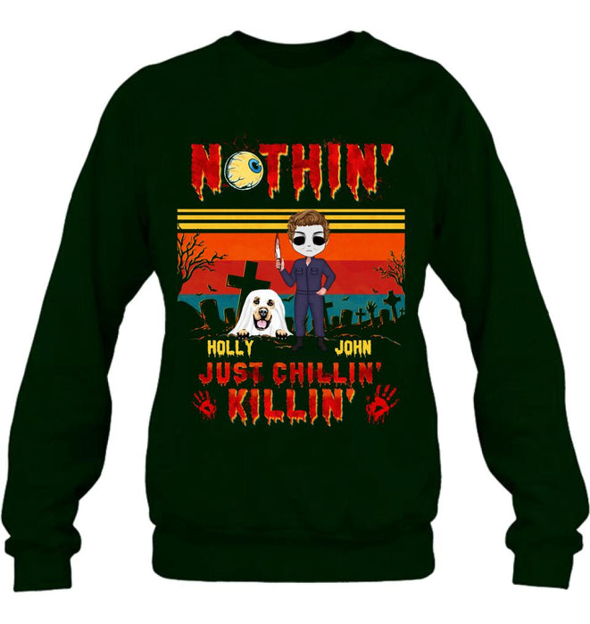 Custom Personalized Horror Movie T-Shirt/ Long Sleeve/ Sweatshirt/ Hoodie - Halloween Gift For Dog Lover/ Cat Lover/ Horror Movie Lover - Upto 4 Dogs/ Cats - Nothin', Just chillin', Killin'