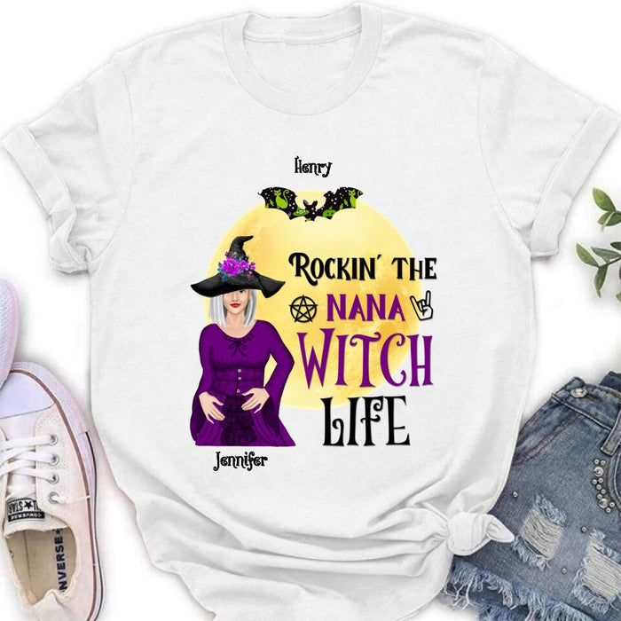 Custom Personalized Halloween Shirt/ Hoodie - Gift Idea For Halloween/ Nana From Kids with up to 7 Kids - Rockin' The Nana Witch Life