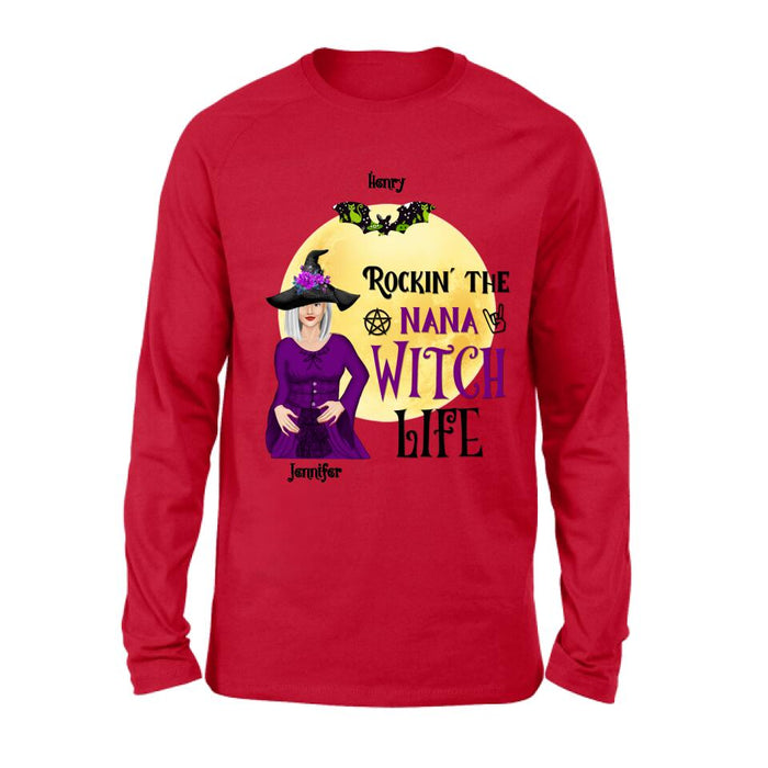 Custom Personalized Halloween Shirt/ Hoodie - Gift Idea For Halloween/ Nana From Kids with up to 7 Kids - Rockin' The Nana Witch Life