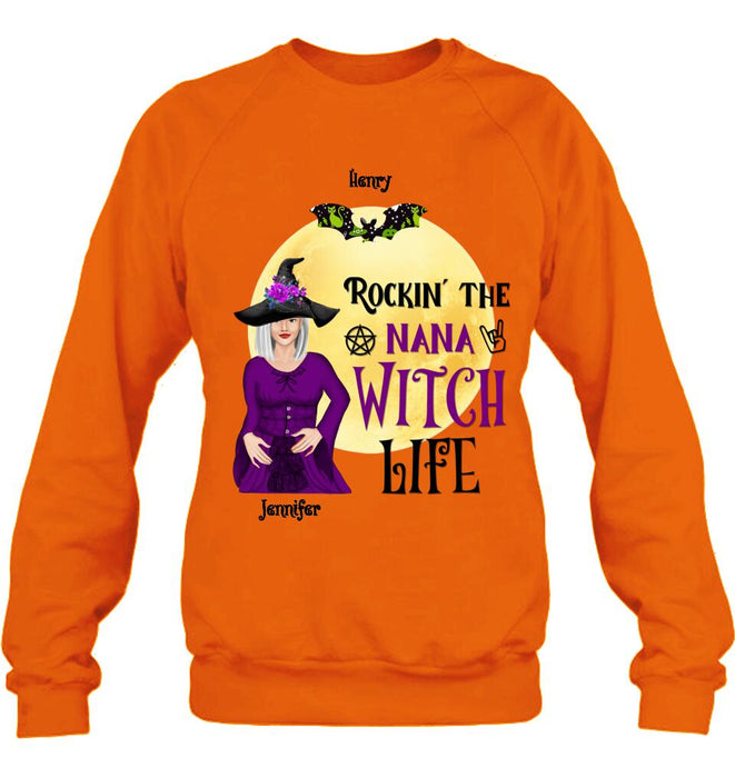 Custom Personalized Halloween Shirt/ Hoodie - Gift Idea For Halloween/ Nana From Kids with up to 7 Kids - Rockin' The Nana Witch Life