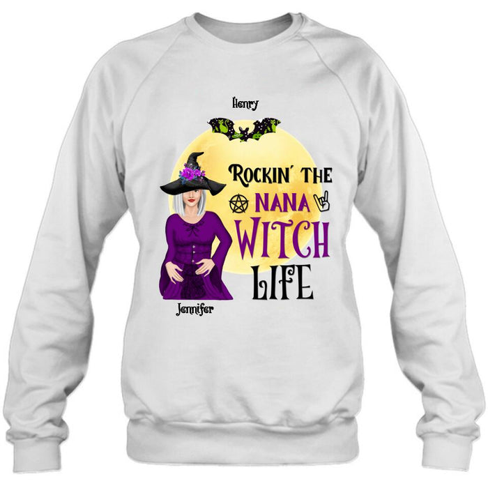 Custom Personalized Halloween Shirt/ Hoodie - Gift Idea For Halloween/ Nana From Kids with up to 7 Kids - Rockin' The Nana Witch Life