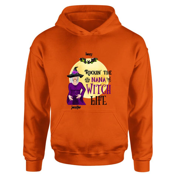 Custom Personalized Halloween Shirt/ Hoodie - Gift Idea For Halloween/ Nana From Kids with up to 7 Kids - Rockin' The Nana Witch Life