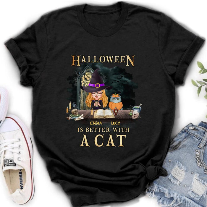 Personalized Halloween  T-shirt/ Long Sleeve - Best Gift Idea For Halloween/ Cat Lover with up to 4 Cats - Halloween Is Better With A Cat