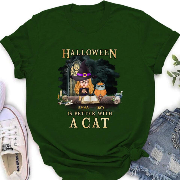 Personalized Halloween  T-shirt/ Long Sleeve - Best Gift Idea For Halloween/ Cat Lover with up to 4 Cats - Halloween Is Better With A Cat