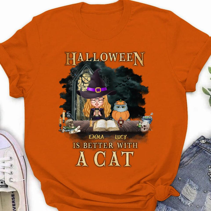 Personalized Halloween  T-shirt/ Long Sleeve - Best Gift Idea For Halloween/ Cat Lover with up to 4 Cats - Halloween Is Better With A Cat