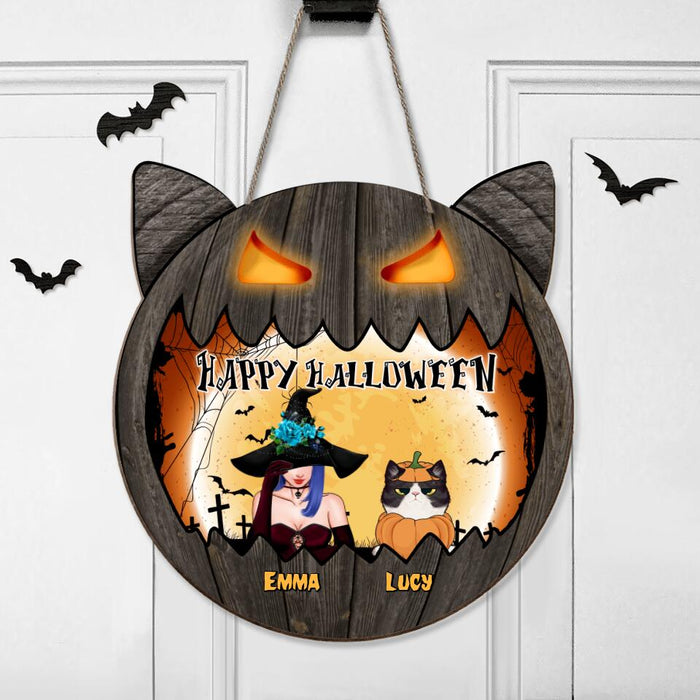 Custom Personalized Halloween Wooden Sign - Gift Idea For Halloween/ Pet Lover with up to 4 Pets - Happy Halloween