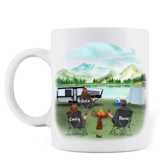 Custom Personalized Camping Enamel Mug/ Coffee Mug - 3 Aults With Pet - Best Gift For Camping Lover - Life Is Better Around The Camfire