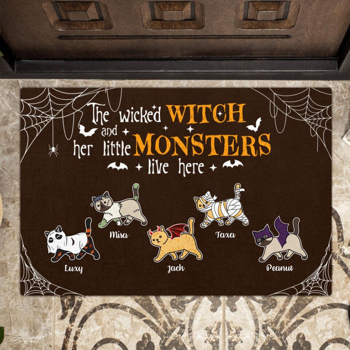 Custom Personalized Halloween Cats Doormat - Upto 5 Cats - Wicked Witch And Monster Cats Live Here Halloween