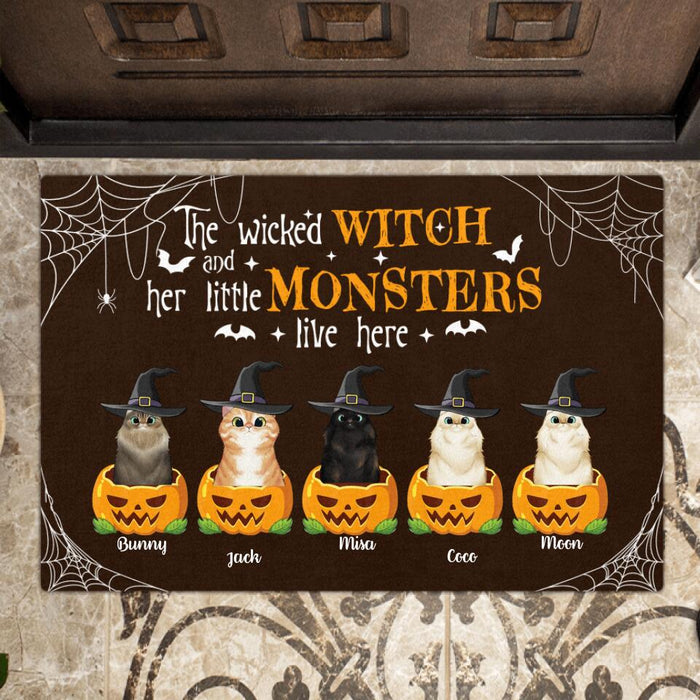 Custom Personalized Halloween Cats Face Doormat - Upto 5 Cats - The Wicked Witch And Her Little Monsters Live Here