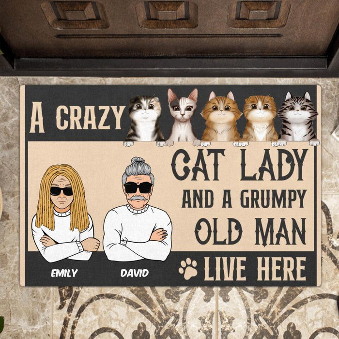 Personalized Cat Doormat - Up to 5 Cats - A Crazy Cat Lady And A Grumpy Old Man Live Here