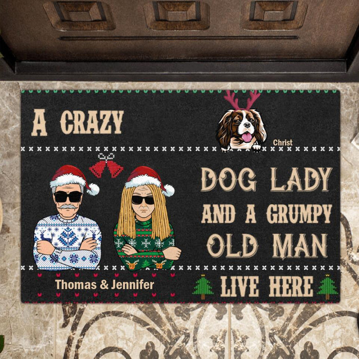 Custom Personalized Crazy Dog Couple Doormat - Old Couple With Upto 5 Dogs - Gift For Dog Lover
