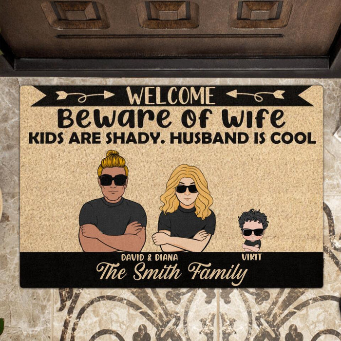 Custom Personalized Beware Of Wife Doormat - Parents With Upto 4 Kids - Welcome The Smith Family