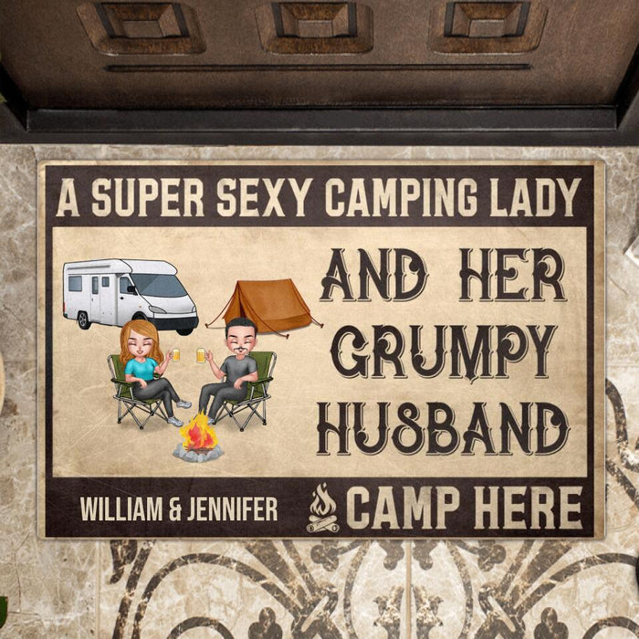 Custom Personalized Camping Couple Chibi Doormat - Gift Idea For Camping Lover - A Super Sexy Camping Lady and Her Grumpy Husband