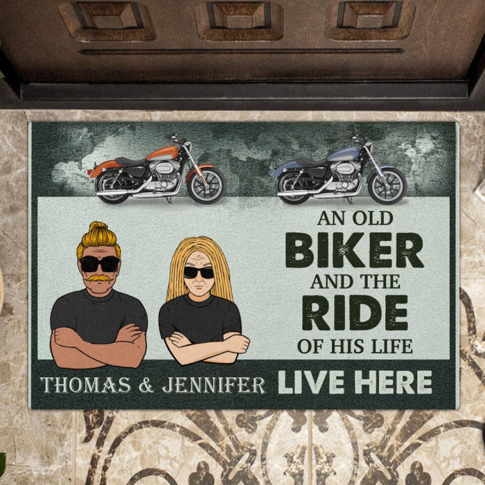 Custom Personalized Bikers Doormat - Upto 2 Motorbikes - Best Gift For Biker Lovers - An Old Biker And The Ride Of His Life Live Here