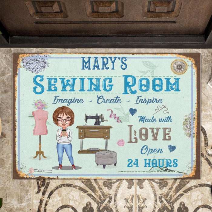 Custom Personalized Sewing Chibi Girl Doormat - Gift For Sewing Lovers/Mother's Day - Sewing Room Imagine, Create, Inspire Made With Love Open 24 Hours
