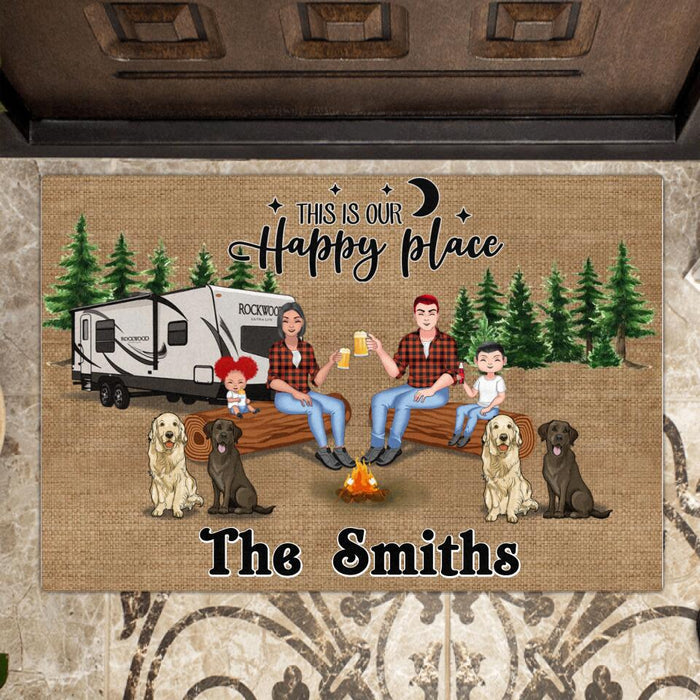 Personalized Camping Family Doormat - Gift Idea For Family with up to 2 Kids and 4 Dogs - This Is Our Happy Place