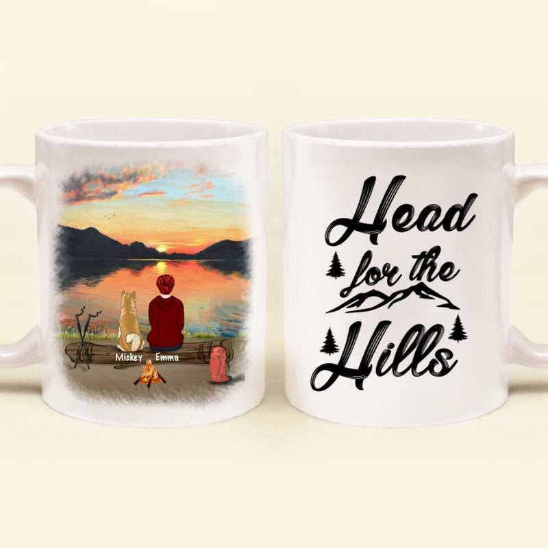Personalized Hiking Coffee Mug - Man/Woman/Couple/Parents With Up to 6 Pets And 4 Kids - Gift For Hiking Lover - Head For The Hills