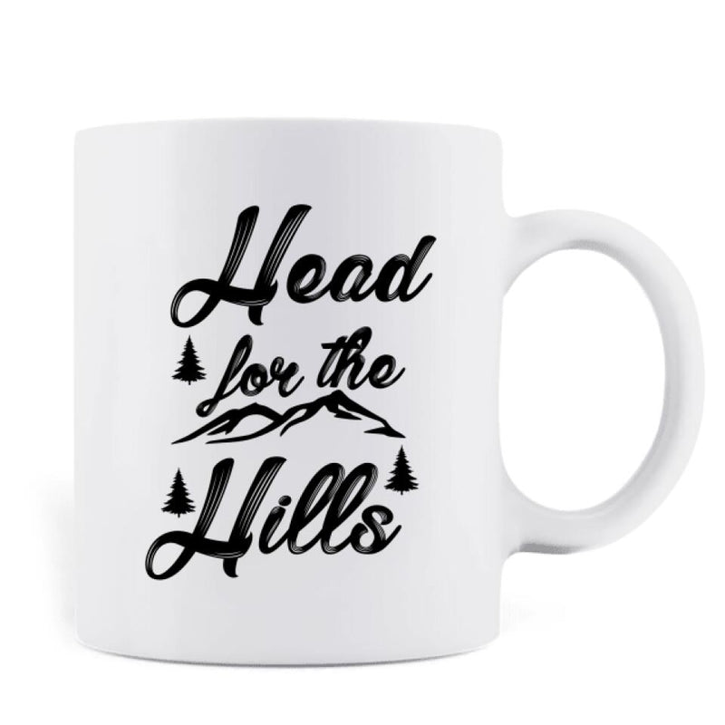 Personalized Hiking Coffee Mug - Man/Woman/Couple/Parents With Up to 6 Pets And 4 Kids - Gift For Hiking Lover - Head For The Hills