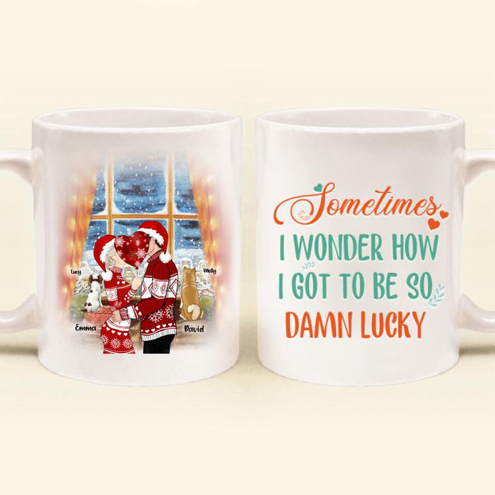 Custom Personalized Kissing Couple Xmas Mug - Couple With Upto 2 Pets - Best Gift For Christmas - Sometimes I Wonder How I Got To Be So Damn Lucky - EWFNOK