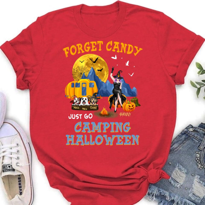 Custom Personalized Camping Witch Shirt/ Hoodie - Witch With Upto 3 Dogs - Gift Idea For Halloween/ Dog Lover, Camping Lover - Forget Candy Just Go Camping Halloween