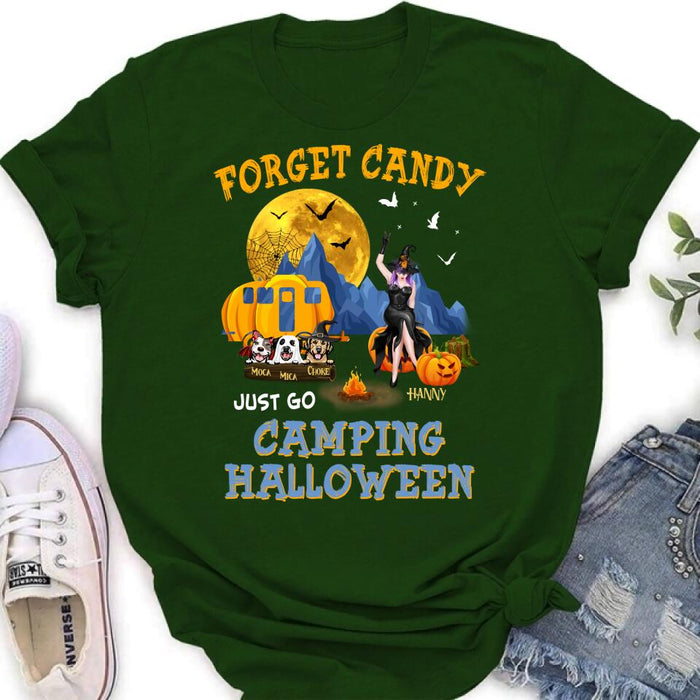 Custom Personalized Camping Witch Shirt/ Hoodie - Witch With Upto 3 Dogs - Gift Idea For Halloween/ Dog Lover, Camping Lover - Forget Candy Just Go Camping Halloween