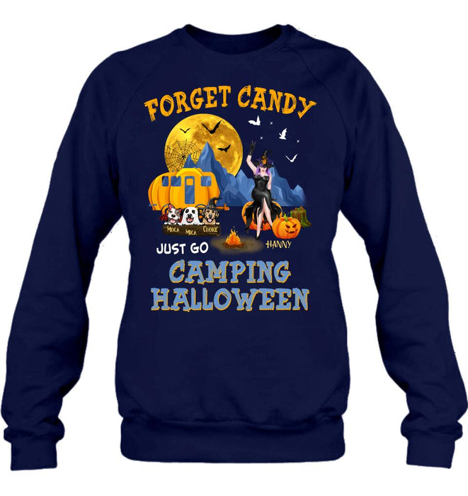 Custom Personalized Camping Witch Shirt/ Hoodie - Witch With Upto 3 Dogs - Gift Idea For Halloween/ Dog Lover, Camping Lover - Forget Candy Just Go Camping Halloween