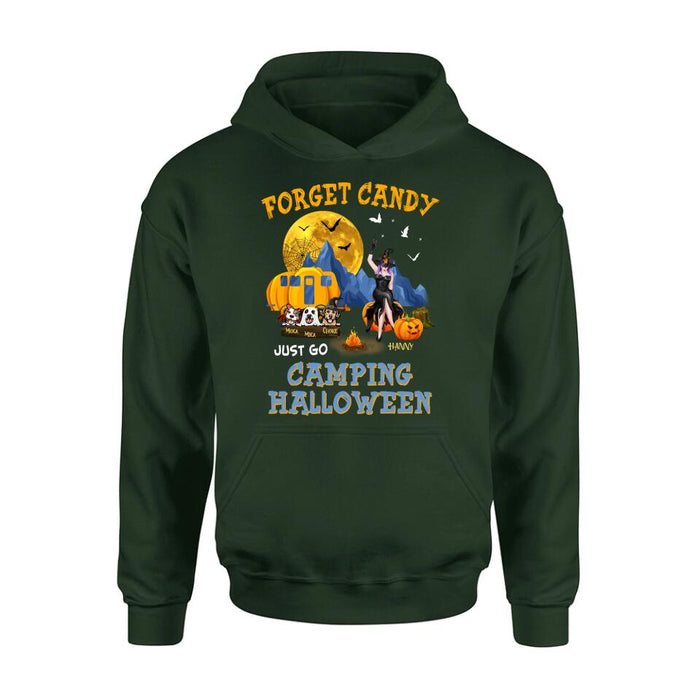 Custom Personalized Camping Witch Shirt/ Hoodie - Witch With Upto 3 Dogs - Gift Idea For Halloween/ Dog Lover, Camping Lover - Forget Candy Just Go Camping Halloween