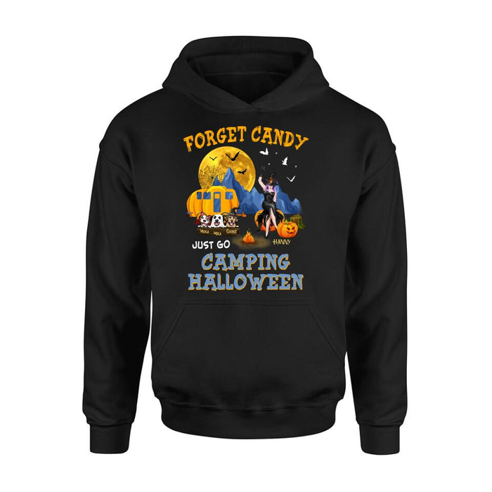 Custom Personalized Camping Witch Shirt/ Hoodie - Witch With Upto 3 Dogs - Gift Idea For Halloween/ Dog Lover, Camping Lover - Forget Candy Just Go Camping Halloween