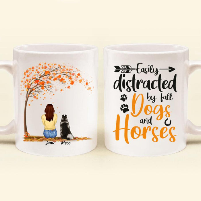 Custom Personalized Horse Dog Mom In Autumn Mug - Upto 3 Horses/ Dogs - Easily Distracted By Fall Dogs And Horses